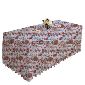 Soft Cotton Hand Block Print <b>Rectangle</b> Pleated <b>Tablecloth</b> Floral For Home Dining Kitchen Outdoor Event Wedding Party Banquet - Product Image 3