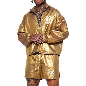 Wholesale Custom <b>Metallic</b> <b>Gold</b> Tracksuit Men Solid Casual Waterproof Windbreaker Jacket and Shorts 2 Piece Set Streetwear - Product Image 1