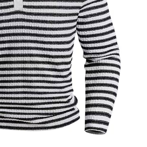 Polo de Manga Larga para Hombre, Camiseta de Punto a Rayas, Cuello con Botones, Estilo Casual, Negro y Blanco - Product Image 4