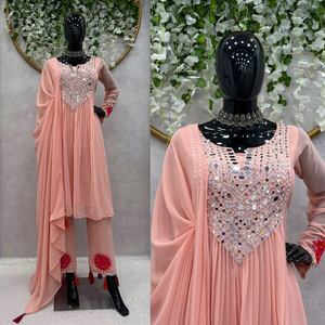 Bas de pêche tendance pour femme avec fil Georgette et véritable miroir comprenant un ensemble Dupatta - Product Image 5