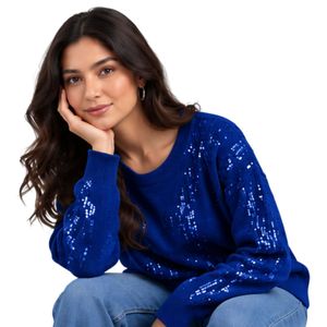 <b>Womens</b> <b>Royal</b> <b>Blue</b> Sequin Knit Sweater Long Sleeve Crew Neck Sparkling Pullover Relaxed Fit Elegant Winter Fashion <b>Jumper</b> Top - Product Image 4