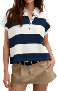 Camiseta Polo a Rayas para Mujer, Manga Corta, Informal, Tejido de Punto, Largo Regular, Estilo Color Block, Blanco y Negro, Camisetas Polo ODM - Product Image 3
