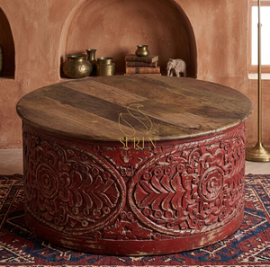 Round Carved <b>Rustic</b> Antique Wood <b>Coffee</b> <b>Table</b> for Living Room Furniture - Product Image 1