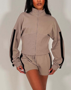 Women's Cotton/Poly Blank Full <b>Zip</b> Sweatshirt & Short Lounge Set OEM Design Pattern 320 Fleece Streetwear Jogging Tracksuit - Product Image 3