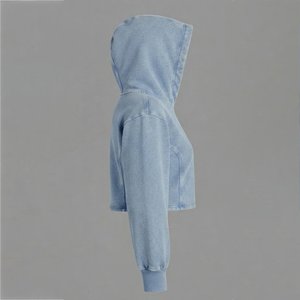 Trendiness Custom Logo Women's Light Blue Hooded Sweatshirt Full Sleeve Knitted Solid Color Short Length Breathable Autumn - Product Image 3
