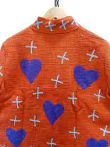 Chaqueta Bomber Unisex de Algodón Color Naranja Quemado, Bordado a Mano con Aplique de Corazón Morado, Cuello Alto Floral, Estilo Boho Tejido, para Verano - Product Image 5