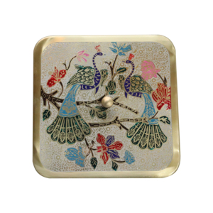 Caja de Especias Cuadrada de Latón Hecha a Mano con Diseño de Pavo Real Meenakari, Organizador de Especias Tradicional Indio con 9 Compartimentos y Cuchara - Product Image 1