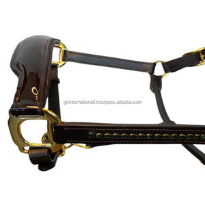 Halter de caballo de cuero de primera calidad marrón de alta calidad, impresionantes piedras verde esmeralda en las mejillas y banda nasal de charol en mazorca completa - Product Image 1