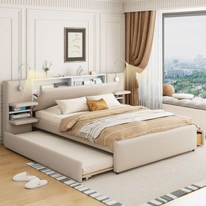Letto matrimoniale imbottito in velluto beige con luci da lettura, cassetti, letto estraibile e mensole - Product Image 2