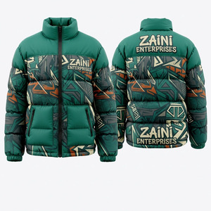เสื้อแจ็คเก็ตพัฟเฟอร์ผู้ชาย โพลีเอสเตอร์พรีเมียม 300 GSM สีเขียว ลายเรขาคณิต เสื้อโค้ทกันหนาว ปักโลโก้ได้ บุผ้านวม อุ่น นุ่ม สวมใส่สบาย - Product Image 1