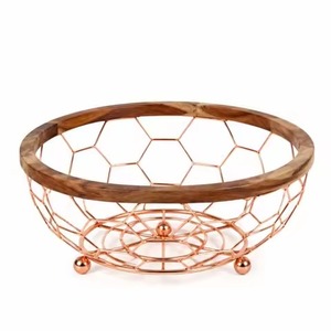 Most Selling Wire Fruit Basket <b>Rose</b> <b>Gold</b> Hexagonal Wire Bowl with Natural Wood <b>Top</b> Rim for Kitchen Counter Storage - Product Image 2
