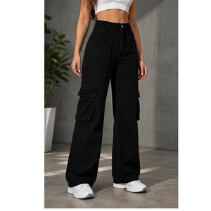 Jean cargo noir pour femme, coupe large, taille haute, avec plusieurs poches utilitaires et ajustement streetwear confortable, le plus vendu, en promotion - Product Image 1