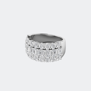 Anillo de declaración de triple fila con esmeraldas redondas de 4.30 quilates y diamantes mixtos, de oro de 14k, con diamantes cultivados en laboratorio de color D y claridad VVS, banda ancha para mujer. - Product Image 5
