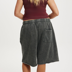 Top Selling Casual Long <b>Women's</b> <b>Shorts</b> Breathable 100% Cotton Side Pockets Raw Hem Acid Wash Button <b>Elastic</b> <b>Waist</b> Best Quality - Product Image 4
