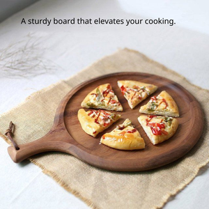 Planche à découper ronde en bois pour pizza avec poignée et guide de découpe pour servir pizza, fromage, pain, usage en cuisine - Product Image 4