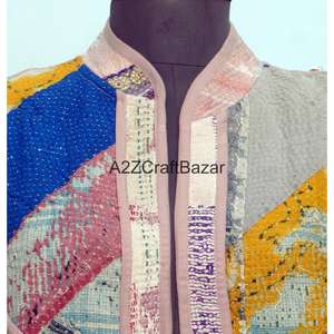 Chaleco Kantha Hecho a Mano 100% Algodón Puro para Mujer, Estampado Floral, Sin Tejido, para Primavera/Otoño, con Mangas Cortas - Product Image 3