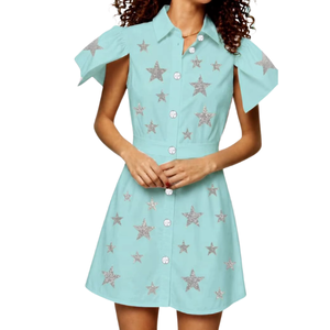 Mini robe à manches courtes pour femmes, avec broderie de papillon à paillettes, col rabattu, respirante, printemps/été - Product Image 3