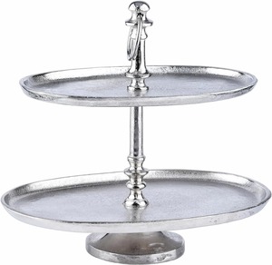 Support à gâteau élégant à deux niveaux en aluminium moulé, finition argentée élégante, parfait pour les desserts, les collations et une présentation de table raffinée. - Product Image 5
