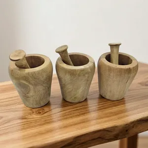 High quality Wooden Mortar And Pestle <b>Set</b> Round Shape Natural Wood Spice Grinder Durable Herb & Garlic Crusher for <b>Kitchen</b> Use - Product Image 2