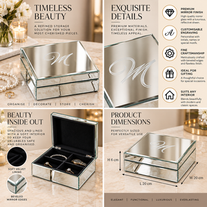 Silver <b>Mirrored</b> Glass Jewelry Storage Box with Custom Engraving <b>Beveled</b> <b>Edges</b> Soft Lining Decorative Keepsake Organizer - Product Image 6