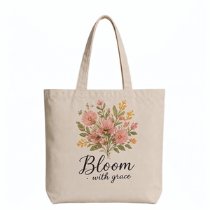 Sac fourre-tout en toile écologique avec imprimé floral et citation Bloom with Grace - Sac de courses réutilisable en coton pour femme - Product Image 1