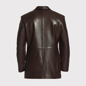 Men's Single Breasted Brown Leather Blazer <b>Coat</b> - Product Image 2