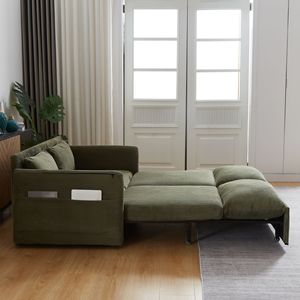 64.5 Inch Soft Corduroy Convertible <b>Sleeper</b> <b>Sofa</b> Bed 3 in 1 Adjustable Pullout with 2 Side Pockets and Pillows - Product Image 6
