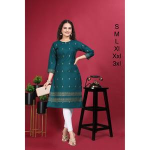 DISEÑADOR MAGIC ALGODÓN FOIL PRINT TRABAJO LISTO PARA LLEVAR KURTI AZUL - Product Image 1