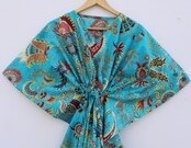 Cotton Kaftan <b>Women</b> Full Length V-neck Short-Sleeved Hand Print Paisley Night <b>Robe</b> Lace Closure Soft Woven Polyester Casual - Product Image 5