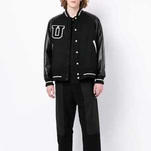 Men's Black Varsity Jacket PU Leather Sleeve Letter U Print Turn-down Collar Button Closure Preppy Style Autumn Wear - Product Image 1