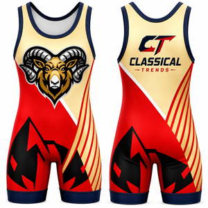 Traje de Lucha Clásico para Hombre, Color Rojo, Dorado y Azul Marino, con Estampado Animal Sublimado, de Secado Rápido y Ajuste Deportivo - Product Image 1
