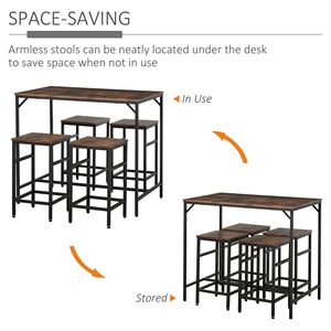 5 Piece Rustic Brown/Black Industrial <b>Bar</b> <b>Table</b> and 4 Stools Set Space Saving Dining Furniture for <b>Kitchen</b> and Pub - Product Image 4