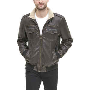 Blouson Bomber Homme Marron en Cuir PU Doublé Sherpa Zippé Hiver Style Moto Épais Coupe-Vent - Product Image 3