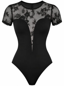 Body in Pizzo Nero da <span class=keywords><strong>Donna</strong></span> con Maniche Corte in Rete Floreale, Collo Tondo, <span class=keywords><strong>Aderente</strong></span> ed Elasticizzato - Product Image 5