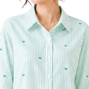 Chemisier en coton vert menthe et blanc rayé pour femme, à manches longues, boutonné, avec broderie cœur, coupe ample, style décontracté et oversize - Product Image 5