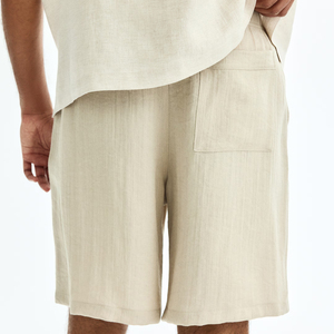 Shorts en lin beige pour homme, taille mi-haute, cordon de serrage, tissu tissé décontracté, style été - Product Image 6