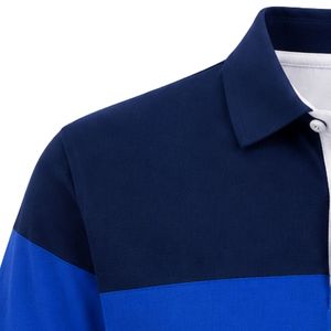 <b>Navy</b> Royal Blue Color Block Striped <b>Polo</b> <b>Shirt</b> Short Sleeve Collared Button Front Casual Sports Golf Teamwear Uniform with Crest - Product Image 3