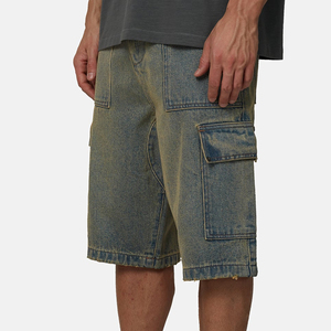 Men's Washed Denim Cargo Shorts Mid Waist <b>Elastic</b> Closure Casual Bermuda Style With Pockets Solid Color Canvas Material - Product Image 4