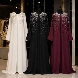 Hand Embellished Open Front Floor Long Sleeve Beaded Anti-Wrinkle Elegant V Neck Flared Hem Nida Abaya Women Party Occasion All - Product Image 1