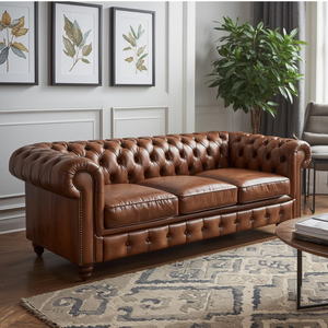 Sofá Chesterfield Clásico de Cuero Marrón de 3 Plazas con Brazos Enrollados y Adornos de Tachuelas, Elegante Sofá para Sala de Estar, Oficina, Decoración de Hotel - Product Image 1