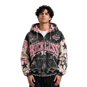 Sweat à capuche zippé personnalisé avec lettrage Étoile Éternelle, violet délavé, en molleton de coton, style streetwear vieilli - Product Image 4