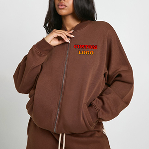 Custom Logo <b>Women's</b> <b>Brown</b> Zip Up Fleece <b>Jacket</b> Oversized Drop Shoulder Terry Hoodie with Custom Logo - Product Image 1