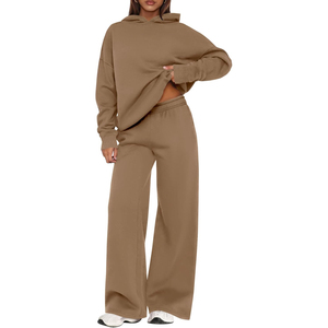 Ensemble de survêtement pour femme, rouge, à capuche, couleur unie, manches longues, coupe ample, pantalon de jogging, automne, décontracté, respirant, 100% coton - Product Image 4