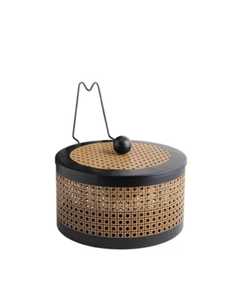 Cylindrical Rattan Storage Container With Lid Woven Cane Pattern Black Rim Modern Kitchen Organizer With Handle - Product Image 1