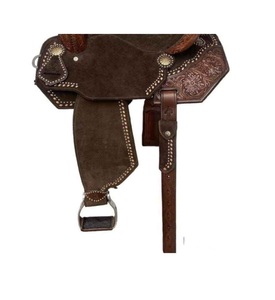 Silla de montar western de cuero marrón oscuro con diseño floral grabado a mano y conchos de diseñador, para carreras de barriles, con juego de arreos, 10"-18" - Product Image 3