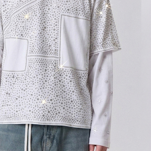 T-shirt homme double couche avec strass blancs OEM, manches 2 en 1, t-shirt décontracté d'été pour homme avec strass - Product Image 2
