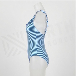 Women Striped One Piece Swimsuit With Ruffled Neckline Blue <b>White</b> Pattern Beachwear - Product Image 3