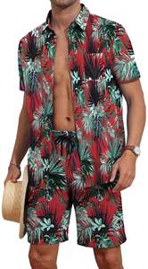 Conjunto de Dos Piezas para Hombre, Camisa y Pantalones Cortos con Estampado de Hojas Tropicales, Estilo Vintage Rojo, Transpirable, Casual, para Vacaciones de Verano en la Playa - Product Image 5