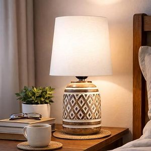Lampe de table cylindrique en bois moderne avec abat-jour en tissu beige, lampe de bureau décorative pour la cuisine - Product Image 3