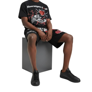 Ensemble T-shirt et short pour homme, noir, coton, ourlet brut, style streetwear, imprimé, tenue d'été, col rond, respirant - Product Image 6